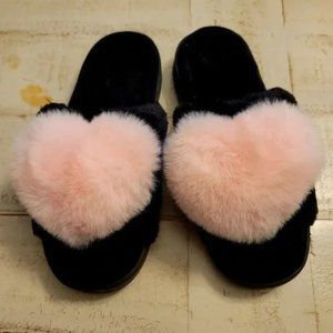 Fuzzy Black and Pink Slippers Size 4 Big Girl